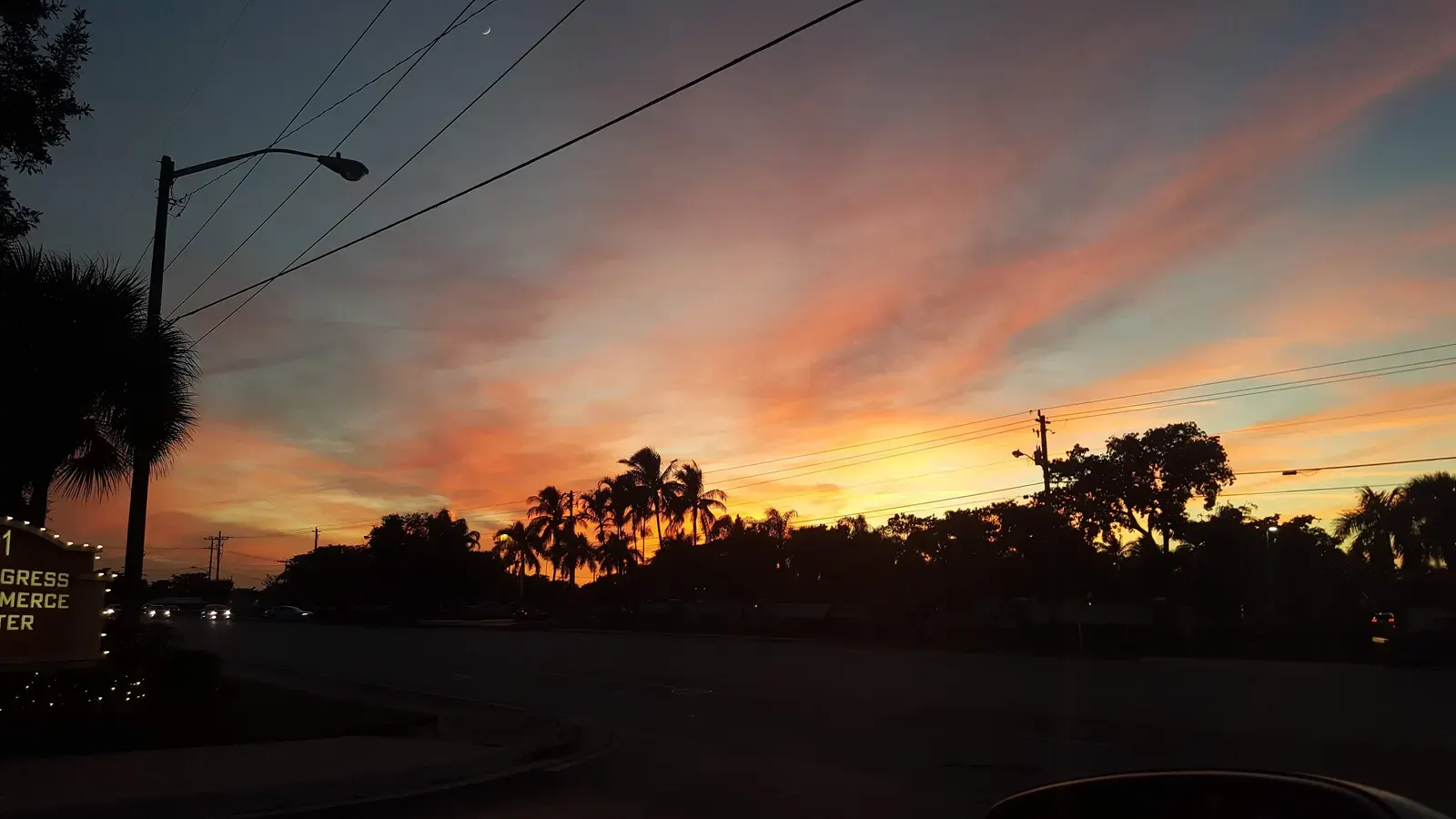 Sunset over a palm-lined street in Coconut Creek, Florida