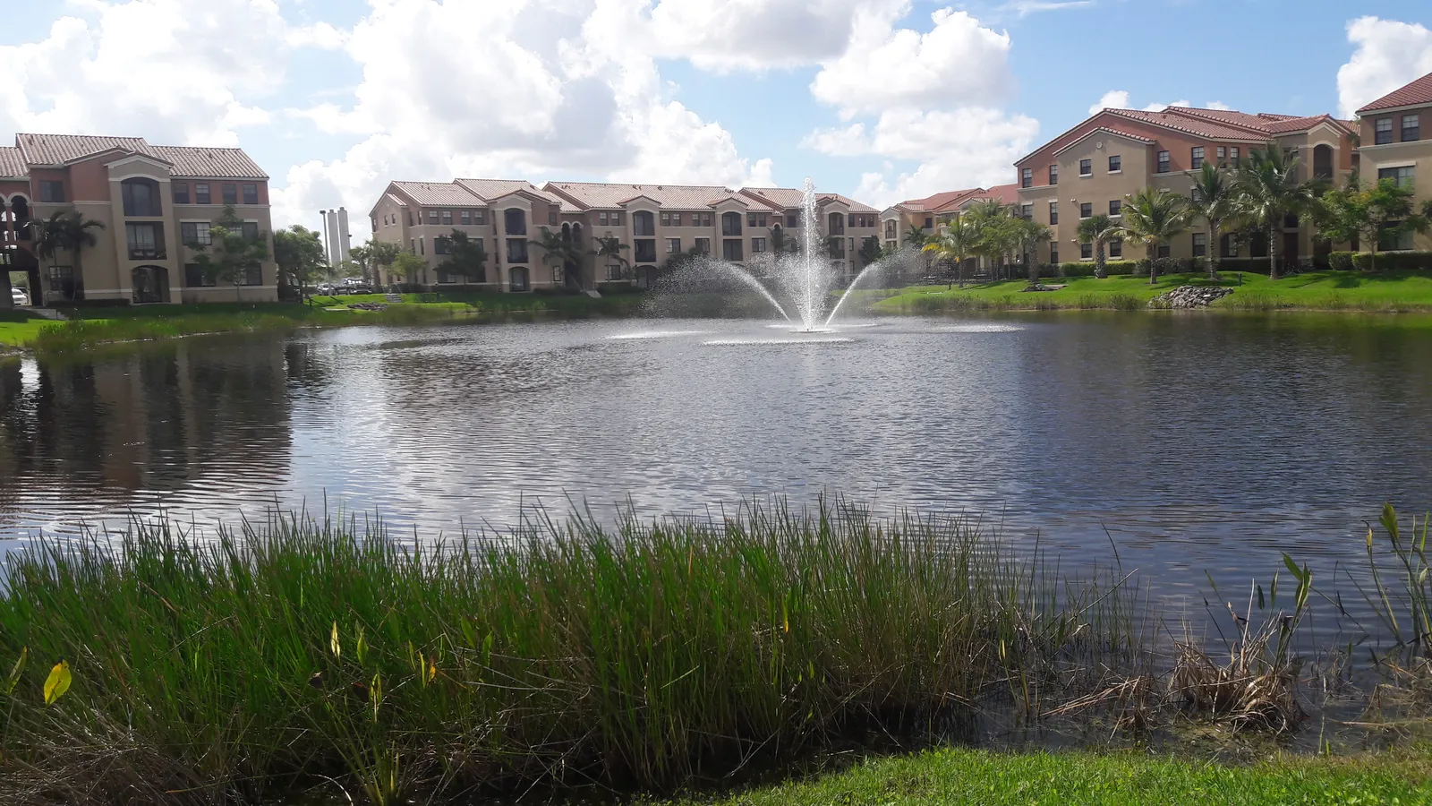 Residential buildings around a lake with a fountain, Doral, Florida