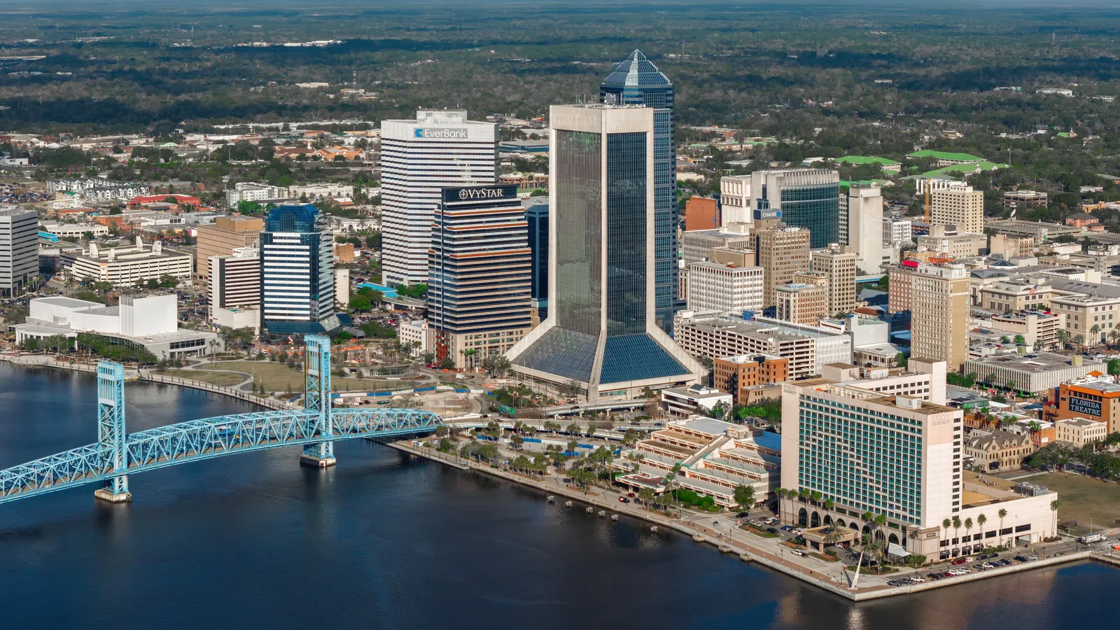 Aerial view of downtown Jacksonville and the Main Street Bridge over the St. Johns River, Jacksonville, Florida