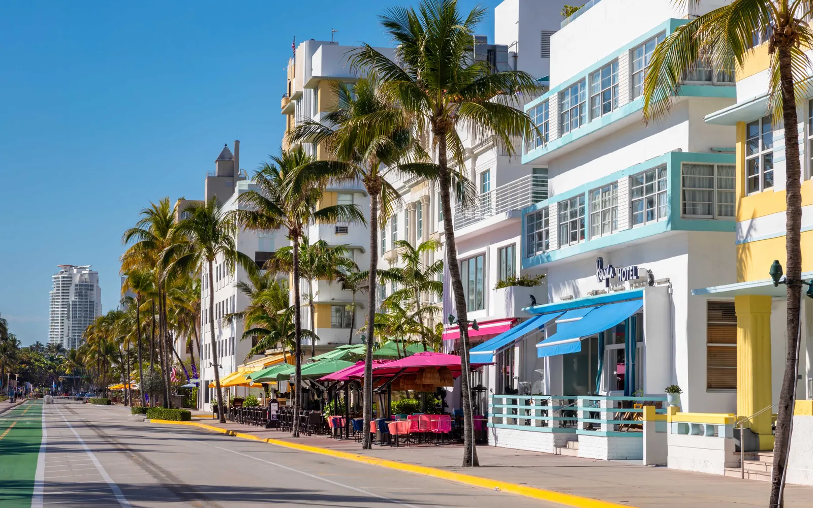 Art Deco hotels and palm trees along Ocean Drive in South Beach, Miami Beach, Florida
