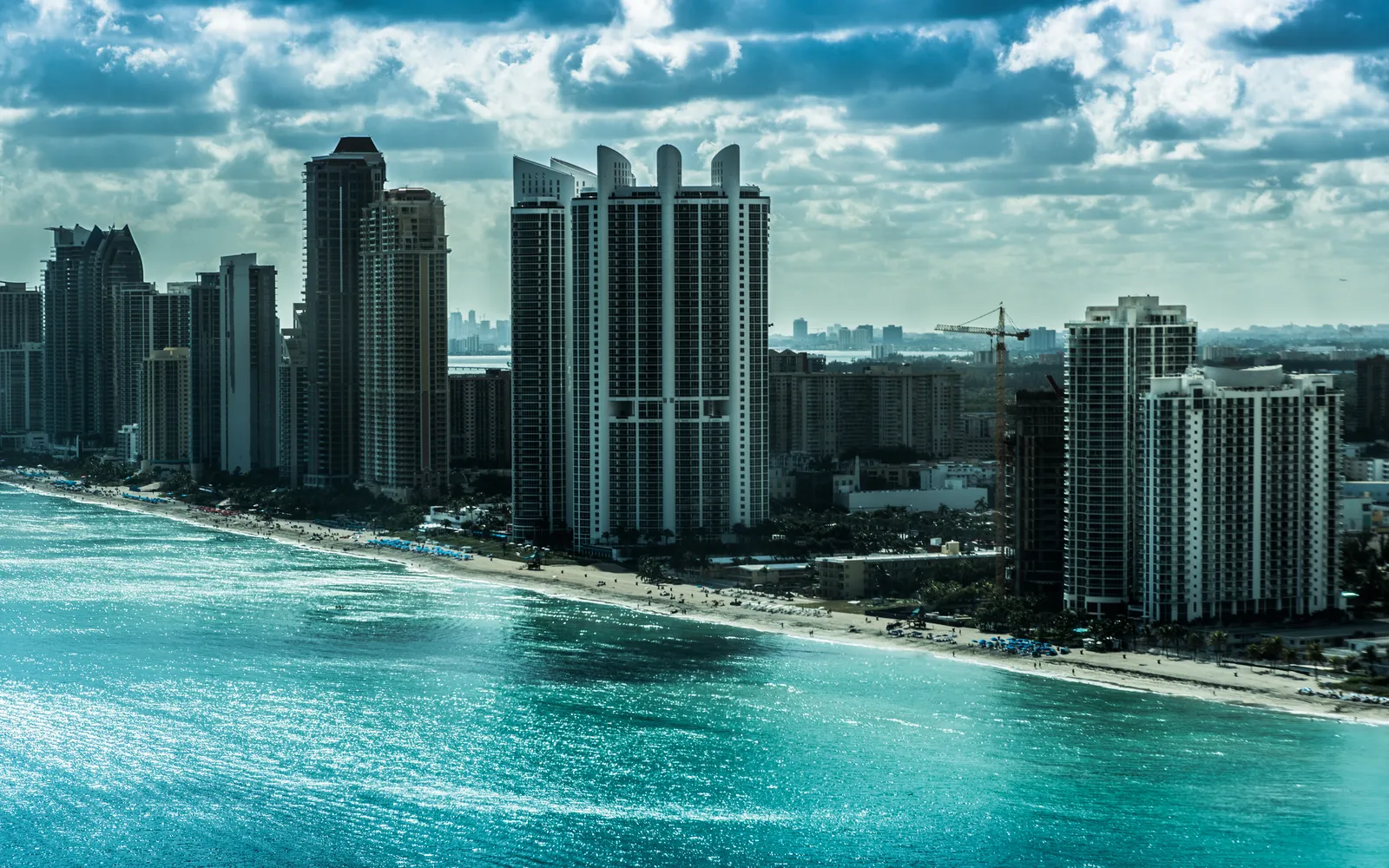 Aerial view of oceanfront condo towers along the beach, Sunny Isles Beach, Florida